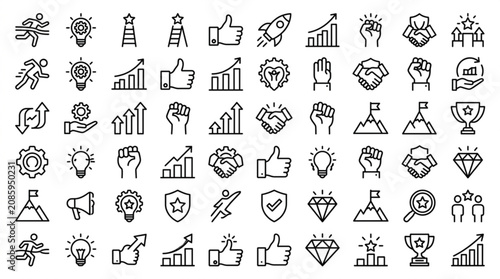 A collection of various business and technology icons are shown in a grid.