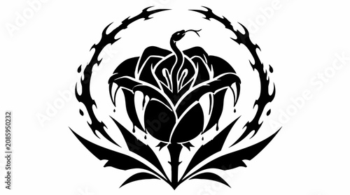Fényképezés Serpent snake entwined with rose flower and thorns.