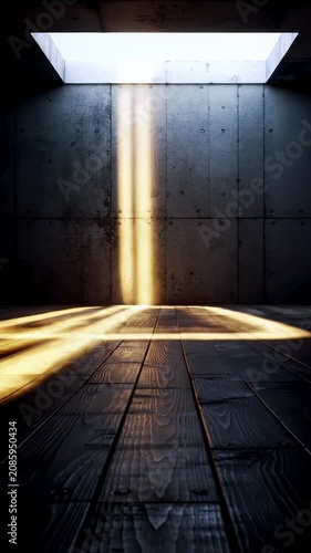 A dolly-in video reveals a golden light beam sweeping across a raw concrete wall and rustic wooden floor in a minimalist design studio, forming a pulsating abstract shape. Birth of innovation and