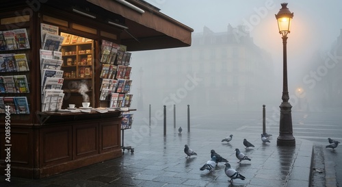 Parisian newsstand on a foggy morning, racks of newspapers and magazines, steaming coffee cup left on counter, pigeons on wet pavement, vintage lamppost casting halo in mist
