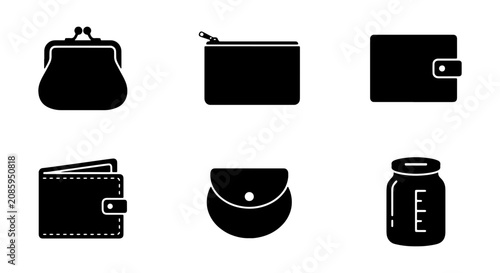 Black Silhouette Icons: Coin Purse, Zipper Pouch, Wallet, Billfold, Clutch Bag, Jar