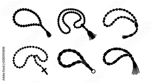 Foto Black Rosary Beads Vector Icons, Prayer Mala Set, Spiritual Necklace Collection