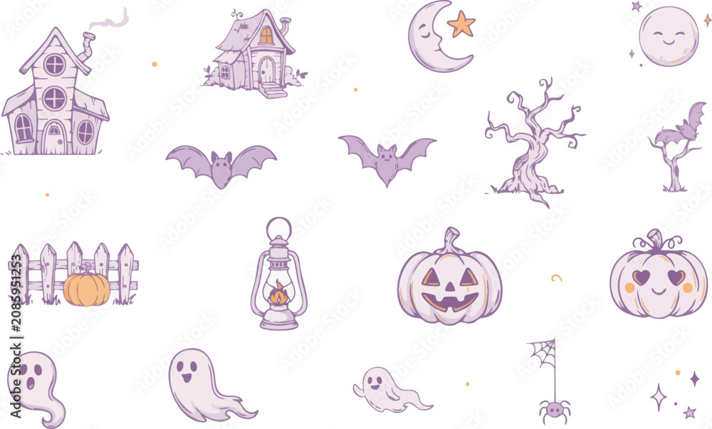 Fototapeta premium Halloween spooky night elements vector collection, haunted house, ghosts, bats, pumpkins, and moon