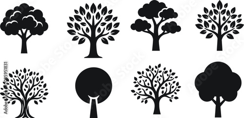 Tableau sur toile Deciduous Trees Silhouette Icon Set Featuring Black And White Botanical Vector E