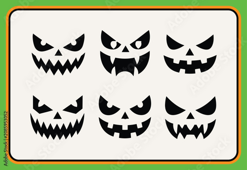 Photography Six black and white carved jack o lantern faces with sharp teeth and angry expre