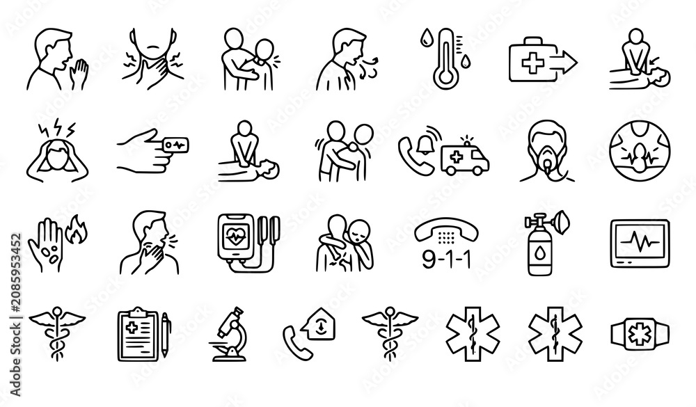 Fototapeta premium Comprehensive First Aid and Emergency Medical Line Icon Set Featuring CPR Choking Rescue Ambulance Defibrillator Hospital and Healthcare Safety Vector Elements