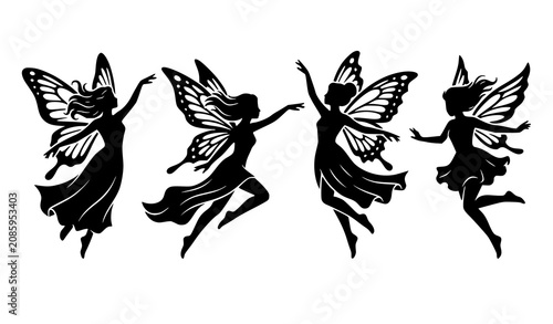 Bild auf Leinwand Beautiful Dancing Fairy Silhouette Icon Set Featuring Magical Pixies and Mythica