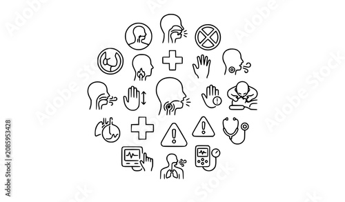 Tableau sur toile First Aid Emergency Medical Line Icon Set Arranged in Circle Featuring Choking R