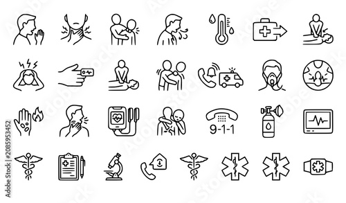 Schilderij op canvas Comprehensive First Aid and Emergency Medical Line Icon Set Featuring CPR Chokin
