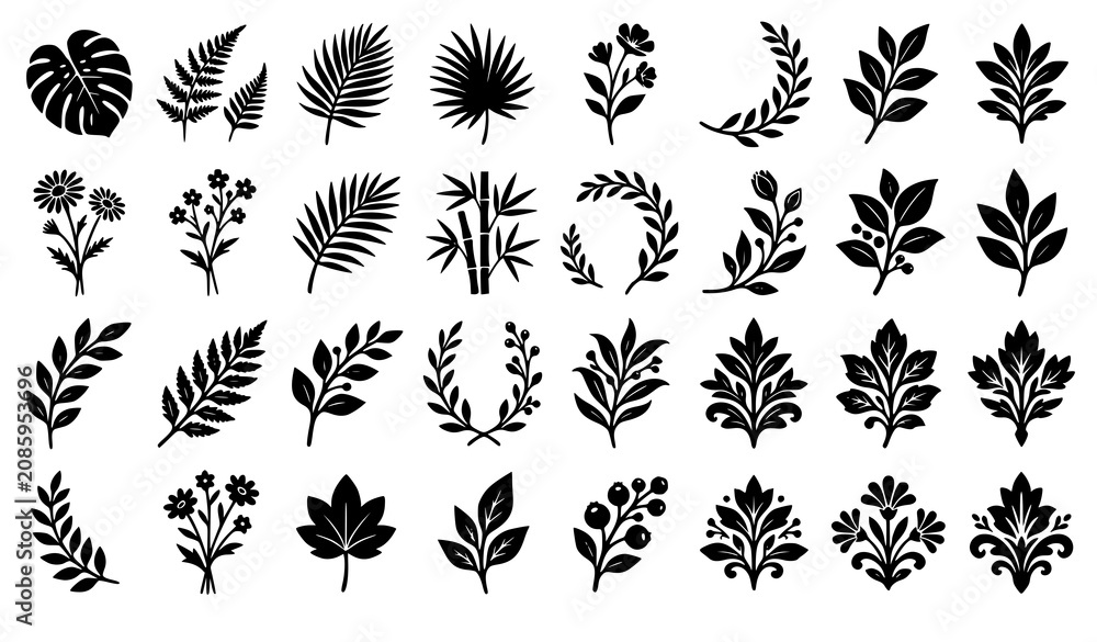 Fototapeta premium Tropical Botanical and Floral Silhouette Icon Set Featuring Monstera Palm Fronds Fern Leaves Wreaths and Damask Ornaments for Elegant Pattern Layouts