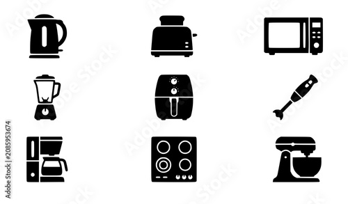 Foto Kitchen Appliances and Household Electronics Silhouette Icon Set Featuring Kettl