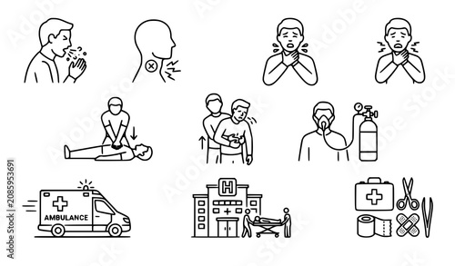Foto First Aid and Medical Emergency Line Icon Set Featuring Choking Rescue CPR Ambul