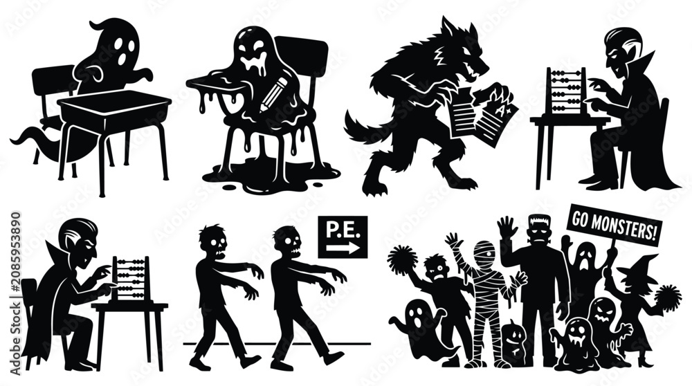 Fototapeta premium Set of black silhouettes of cute spooky monsters doing school activities and sports in classroom