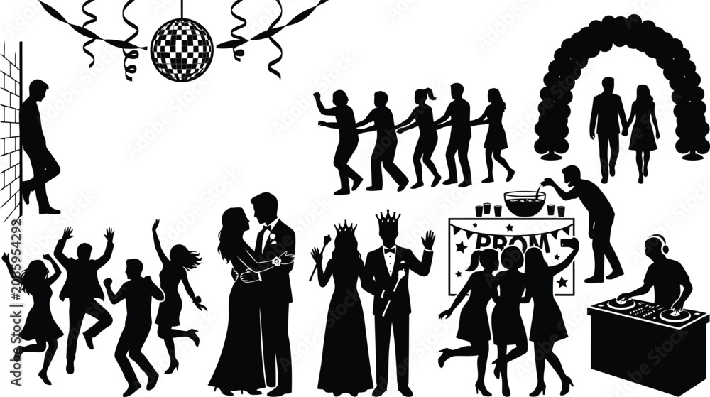 Obraz premium Group of young people dancing and celebrating at a festive school prom party event silhouette set