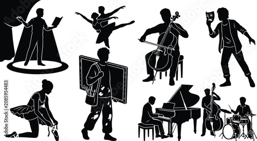 Quadro su tela Set of black silhouettes showing people performing arts like music dance paintin