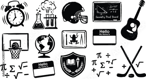 Εκτύπωση καμβά Set of black and white school icons featuring education subjects sports science
