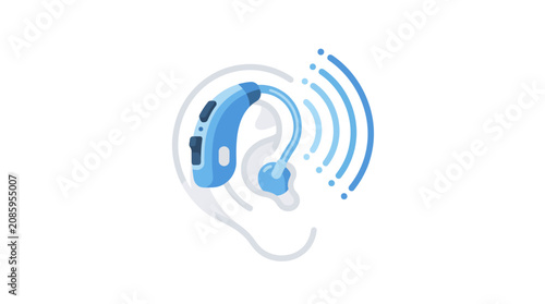 Digital hearing aid icon with sound waves on ear.