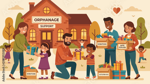 Фотография Volunteers donating gift boxes to children at an orphanage.