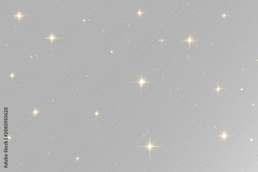 Fototapeta premium Bright golden stars with glitter particles, sparkling celestial lights, glowing luxury shine, festive magical star effect