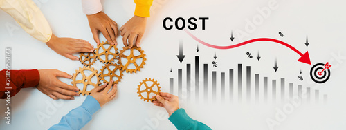 Foto Hands Collaborating with Gears and Graphs to Illustrate Cost Reduction Strategies and Business Efficiency Improvement Concepts