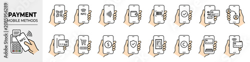Foto Collection of linear vector icons representing modern mobile payment methods and digital transactions