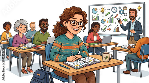 Diverse group of adults attending a business or educational class with a teacher presenting on a whiteboard