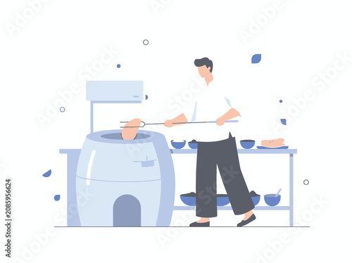 Chef cooks food in a tandoor oven while preparing ingredients for a delicious meal