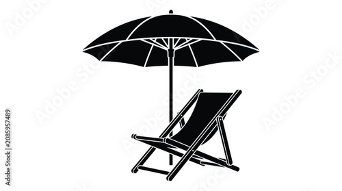 Minimalist black vector illustration featuring a folding beach chair positioned under a large sun umbrella