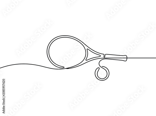 A minimalist continuous line drawing of a tennis racket with a simple loop for the grip showing sport and leisure