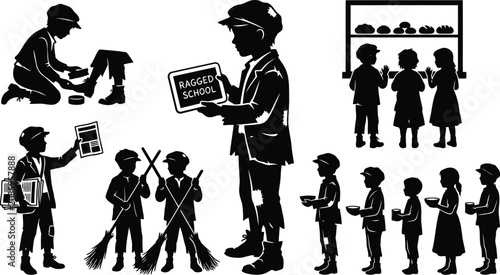 Fotografie Black silhouette set of poor victorian children in ragged school and street life
