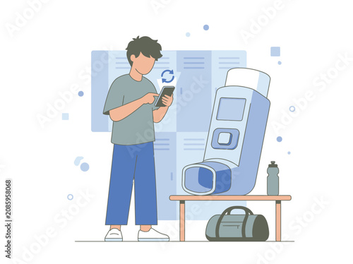 Young man with asthma inhaler and phone in locker room after workout for breathing help