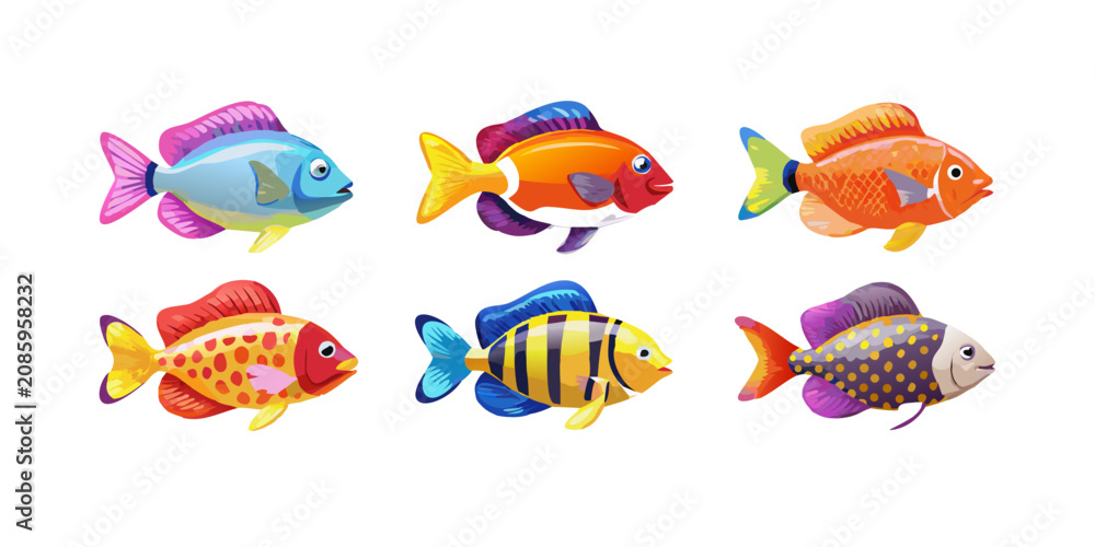 Obraz premium Colorful tropical aquarium fish collection, vector