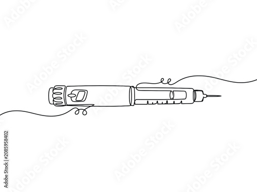 A single line drawing of an insulin pen with a needle ready for injection and dose control