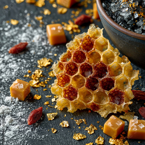 Minimalist composition of sweet waffle fragments, sea salt caramel, and fine sugar dust on stone