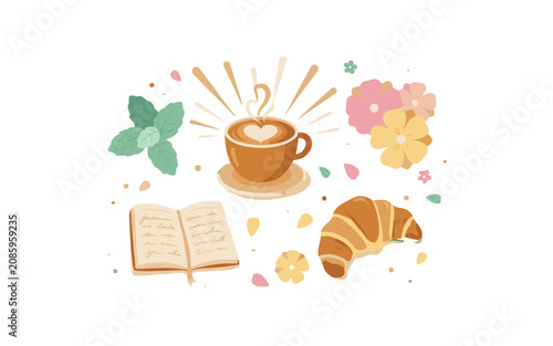 A cozy morning scene featuring a cup of coffee with latte art, a croissant, an open book, and mint leaves, all surrounded by decorative elements.