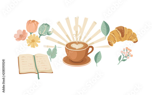 A cozy illustration featuring a steaming cup of coffee with a heart design, a croissant, an open book, and delicate flowers, evoking a sense of peaceful morning enjoyment.