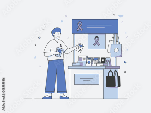 A helpful person at a health awareness booth with informational pamphlets and purple ribbons promoting awareness