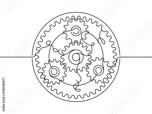 Complex mechanism with interlocking gears and intricate lines representing technology and innovation