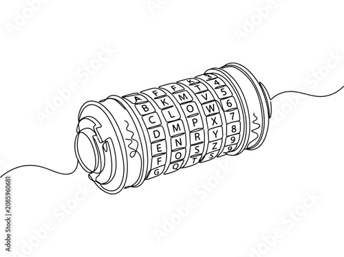 A single continuous line drawing depicts a combination lock with letters and numbers representing security and mystery