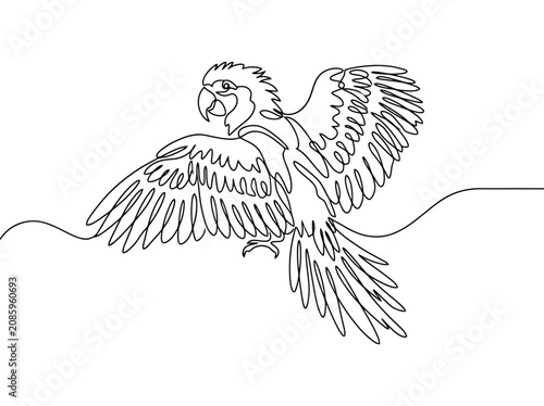 A single line drawing of a parrot with its wings spread wide while flying with its beak open against a white background