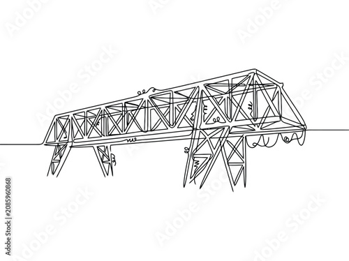 A single line drawing of a truss bridge crossing a body of water with simple lines