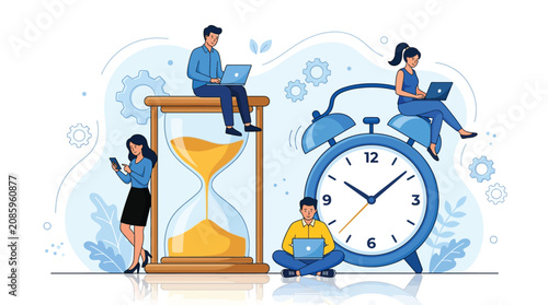 Professional business team manages time efficiently using digital gadgets in this detailed flat vector illustration design