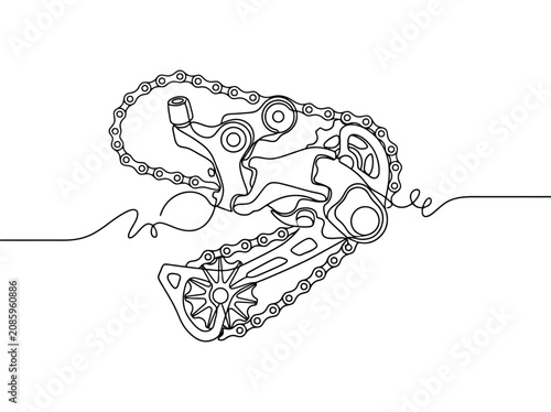 A single line drawing of a bicycle derailleur with chain and gears for cycling and sport