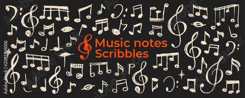 Chalk drawn music notes and key on black board background. Hand drawn vector music note icon vector doodle set. Chalk doodle musical symbols clipart for notes, collage, scrapbook and journaling.