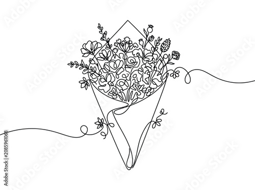 Single line drawing of a floral bouquet with organic shapes and graceful curves