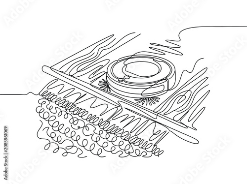 One line drawing of a robot vacuum cleaning a wooden floor with textured carpet and abstract elements