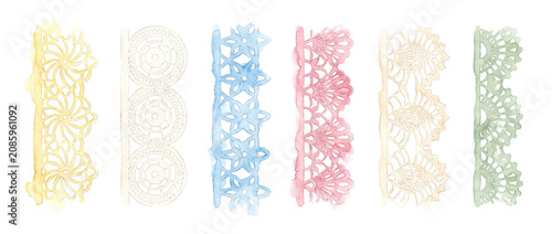 Watercolor lace borders set vintage crochet ribbons in pastel colors isolated on black background for craft, wedding invitation, card making, scrapbooking, and decorative needlework design project.