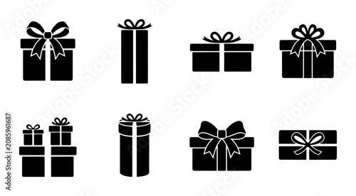 Schilderij op canvas Black Gift Boxes Vector Icons Set, Presents with Ribbons and Bows, Celebration a
