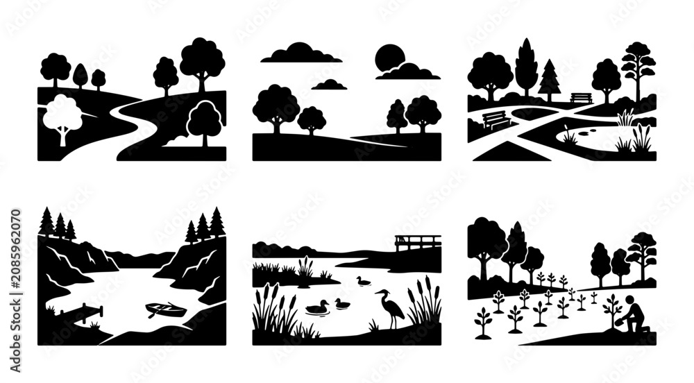 Fototapeta premium Vector Landscape Icons: Nature Scenes, Parks, Waterways, and Rural Settings for Design