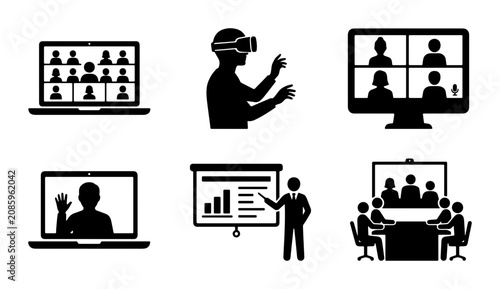 Virtual Meeting Icons, Remote Collaboration Graphics, Online Presentation Set, Digital Communication Icons